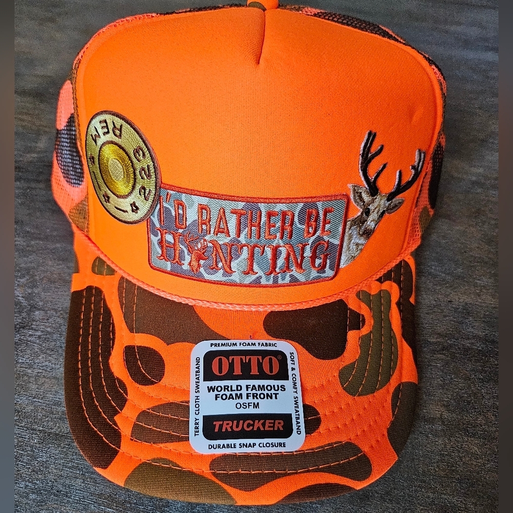 NWT OTTO Orange and Brown Camo Hat with Hunting Patches